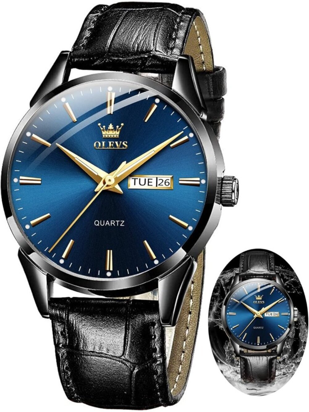 Men's Blue Fashion Quartz Leather Black Buckle Waterproof Luminous Round Watch